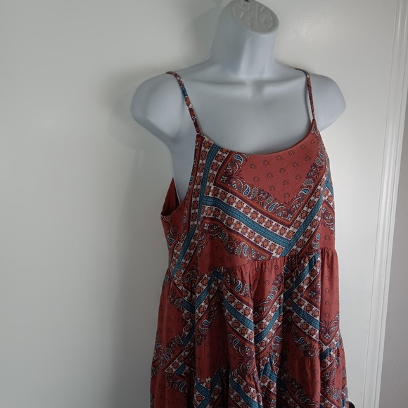 Rock & Roll Denim Dress Womens Medium Rust Boho Paisley Tiered Spaghetti Strap - Picture 1 of 13